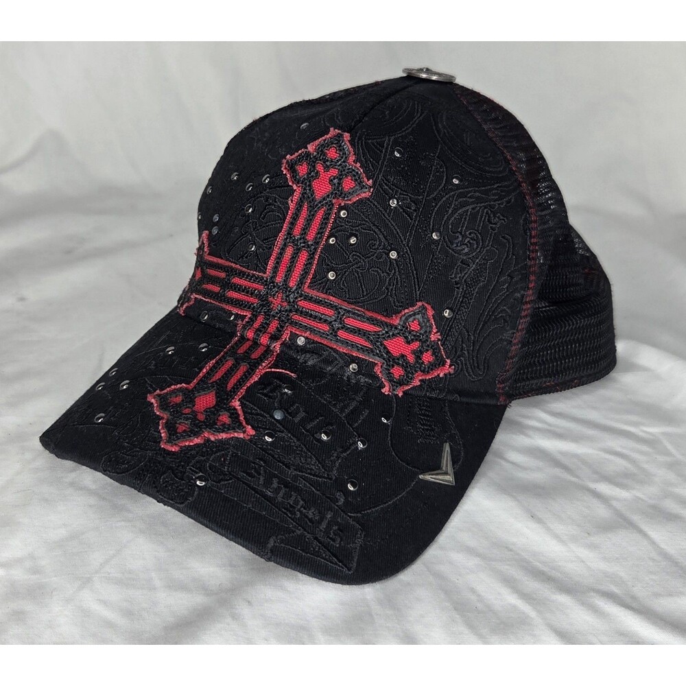 Fender Guitar Studded Cross Trucker Hat Black Red Embroidered Y2K Snapback Cap